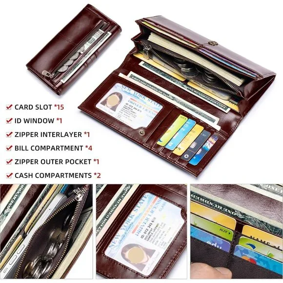 Modern Classical Coffee Leather RFID Bifold Wallet for Women - Picture 6 of 9